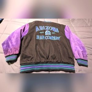 ARIZONA JEAN CO. Vintage 1993 Black w/Purple Suede Sleeves sz Med. Bomber Jacket